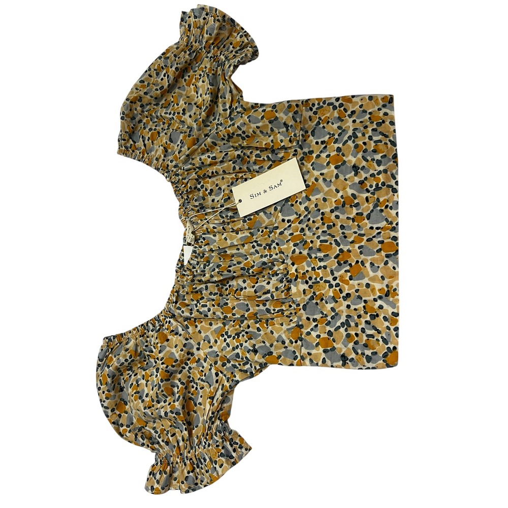 Sim & Sam Women Small Ruched Puff Sleeve Peplum Blouse Abstract Terrazzo Print